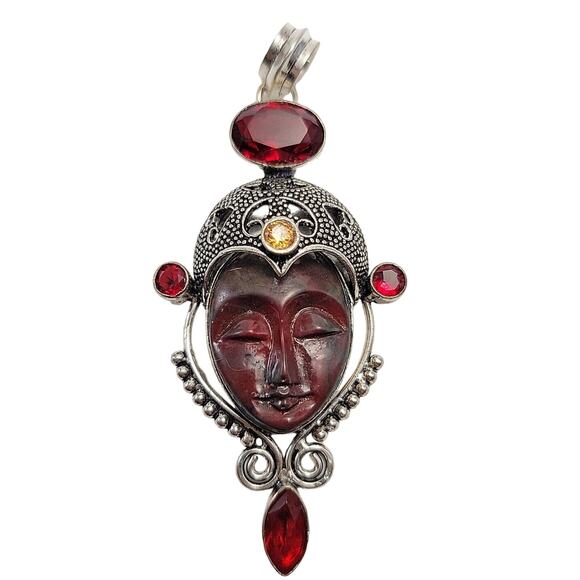 Sterling Silver Bali Goddess Pendant Necklace with Garnet Stones, Red - Picture 1 of 8